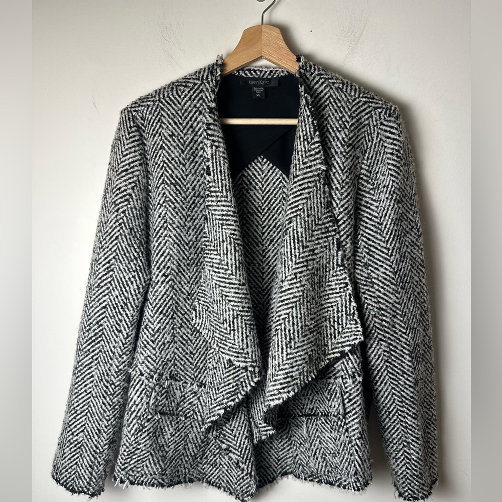 KAREN KANE Women’s Black & White Wool Blend Waterfall Jacket Blazer Size XL